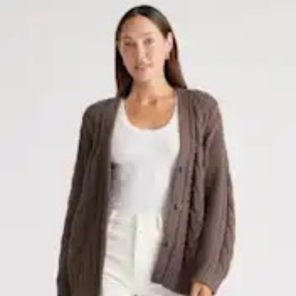 QUINCE 100% ORGANIC COTTON CABLE KNIT OVERSIZED CARDIGAN BROWN SMALL